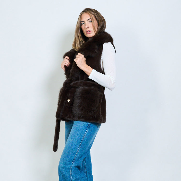 Luxury long-hair faux fur vest with belt and shawl collar wholesale