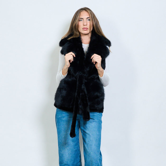 Luxury long-hair faux fur vest with belt and shawl collar wholesale