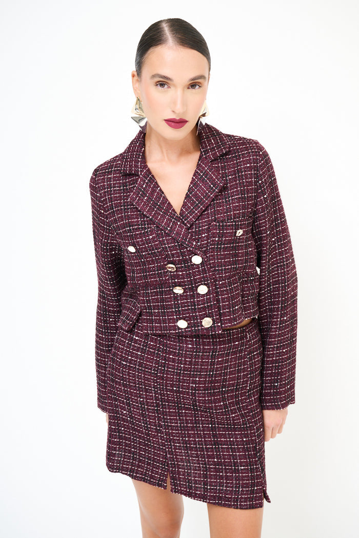 Luxury tweed cropped double-breasted jacket with statement buttons wholesale