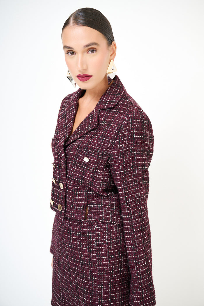 Luxury tweed cropped double-breasted jacket with statement buttons wholesale