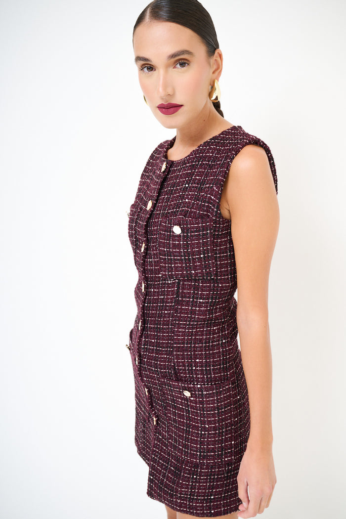 Luxury tweed sleeveless mini dress with statement buttons wholesale