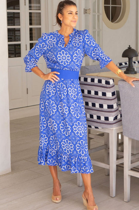 Maeve EcoVero™ Dress | Lace Floral Cobalt/White - Aspiga