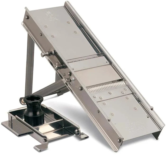 A stainless steel mandoline slicer with a protective cover, adjustable settings for julienne, flat and ruffle cuts, and a vertical cutting unit.