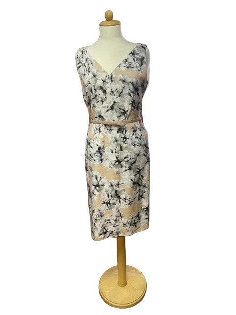 Max Mara Beige & Grey Dress UK 12 EU 40 - Floral Pattern - Belted - Midi Fitted Wiggle
