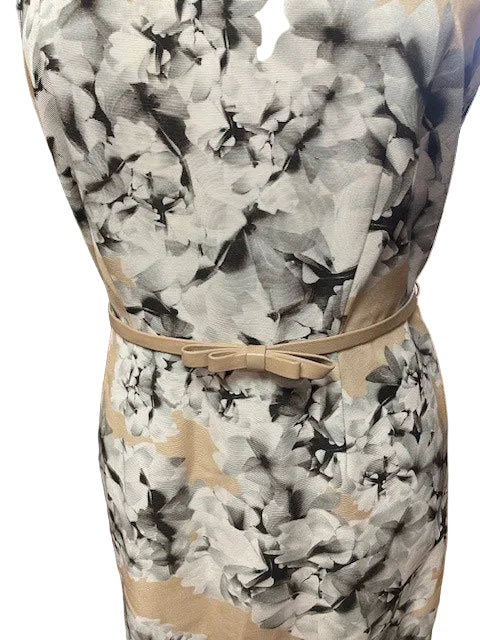 Max Mara Beige & Grey Dress UK 12 EU 40 - Floral Pattern - Belted - Midi Fitted Wiggle