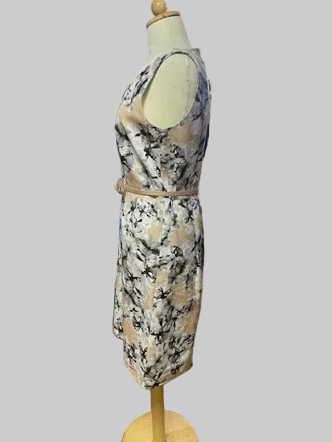 Max Mara Beige & Grey Dress UK 12 EU 40 - Floral Pattern - Belted - Midi Fitted Wiggle