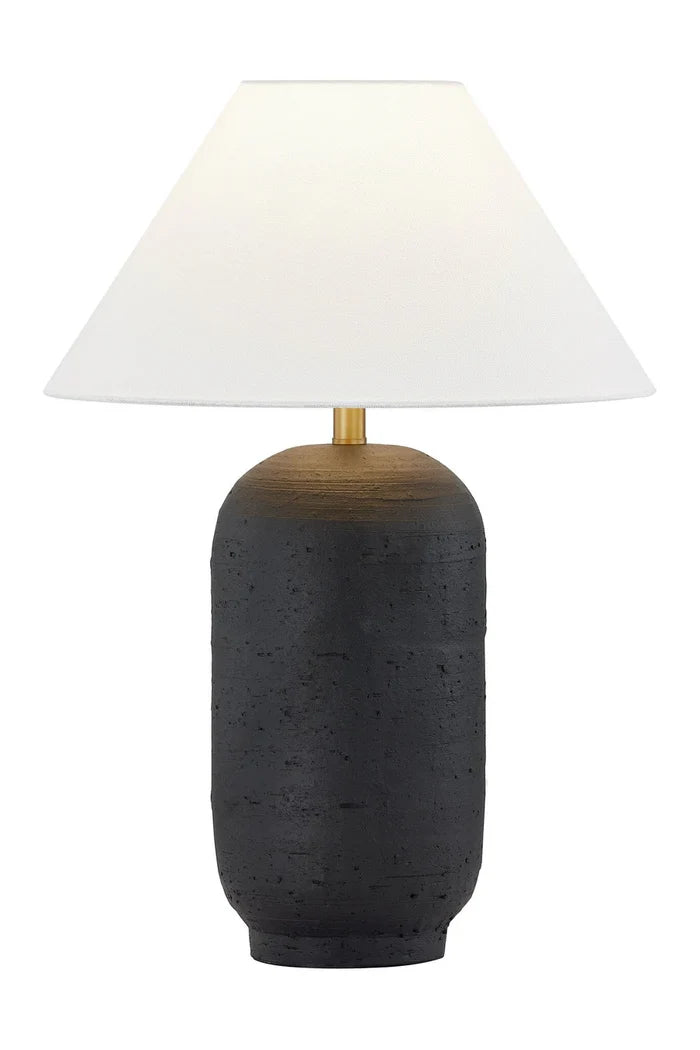 black rock modern lamp with white shade and gold stem. tall and skinny black lamp