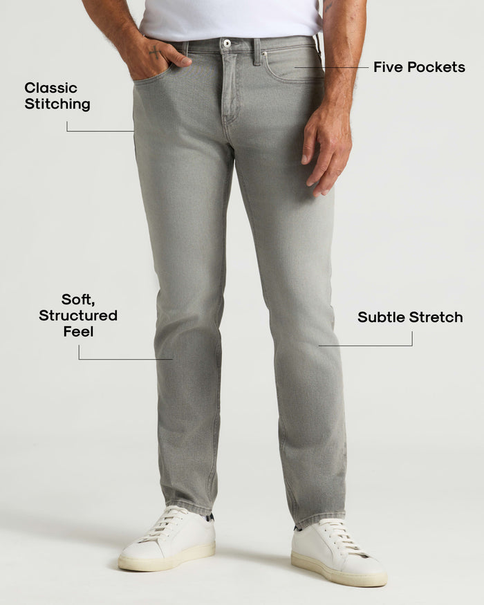 Man wearing Medium Gray Wash Slim Authentic Denim Jeans.