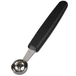 A stainless steel melon baller with a black plastic handle and a 1-inch diameter scoop.