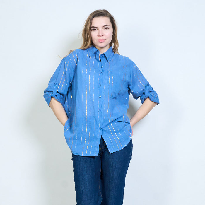 Metallic striped classic collar roll sleeve shirt wholesale