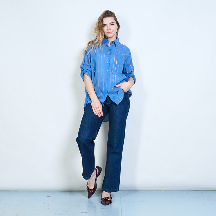Metallic striped classic collar roll sleeve shirt wholesale