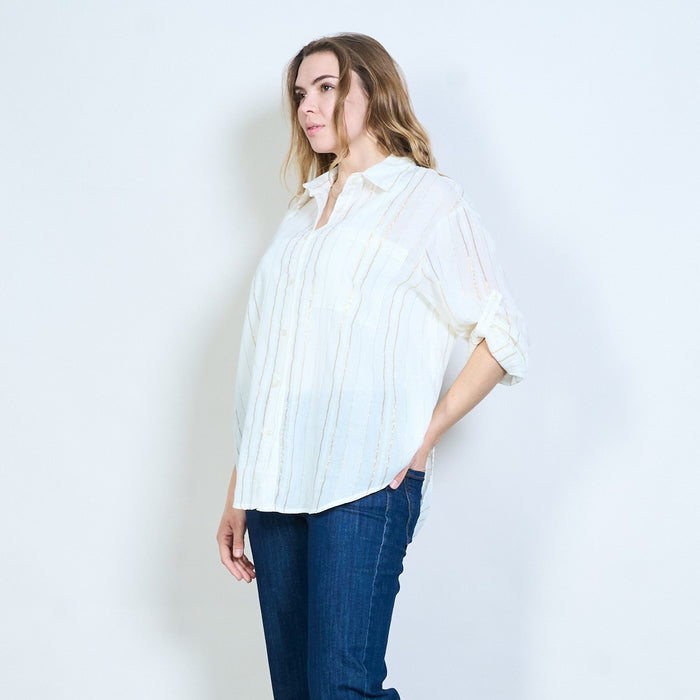 Metallic striped classic collar roll sleeve shirt wholesale