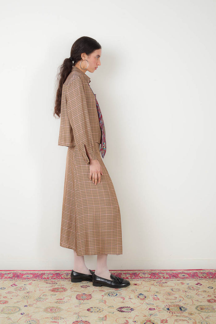 Micro check high waist pleated midi skirt wholesale