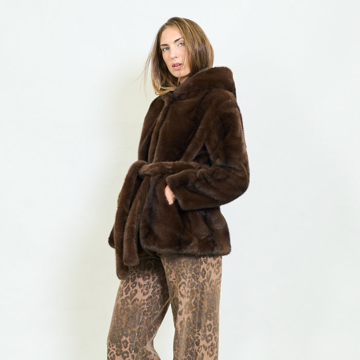 Minimal faux fur belted jacket with soft collar wholesale