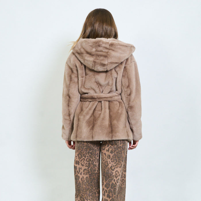 Minimal faux fur belted jacket with soft collar wholesale