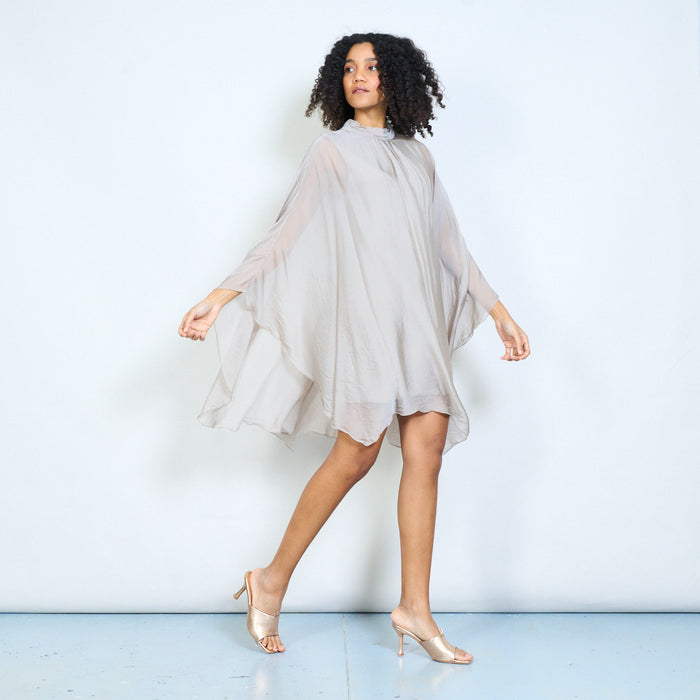 Minimalist high neck fluid drape long sleeve relaxed midi dress with back keyhole accent wholesale