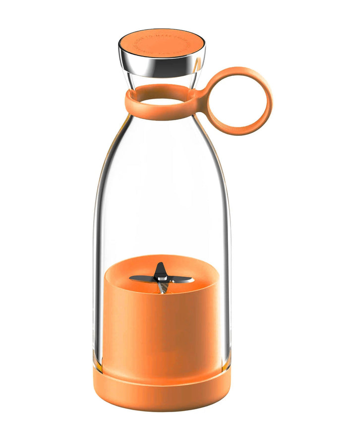 Orange portable juicer blender bottle with metal lid and loop handle