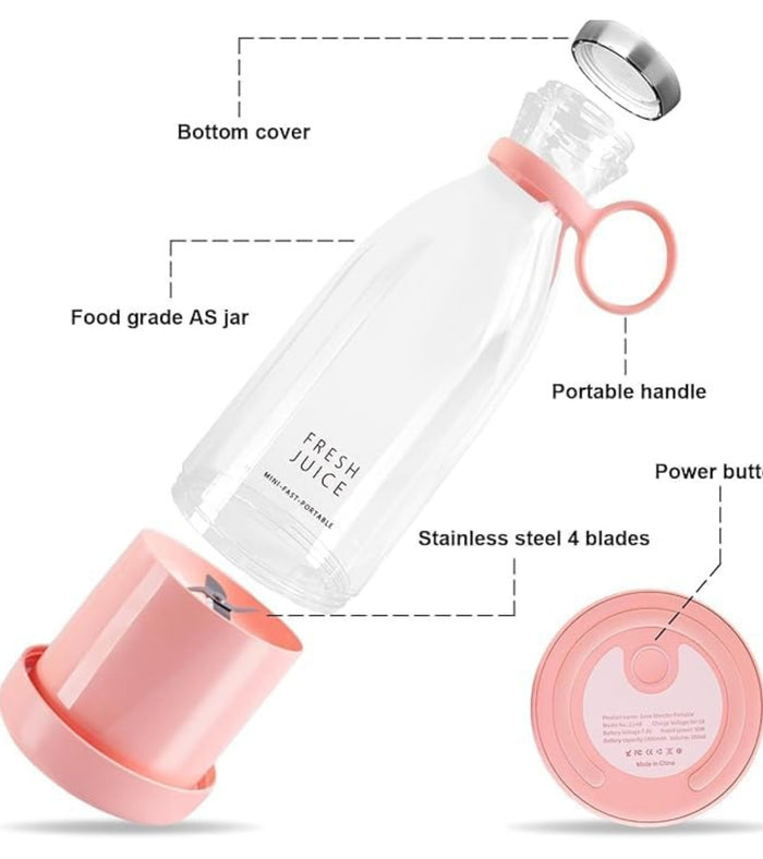 Portable juicer blender bottle with stainless 4-blade base and carry handle