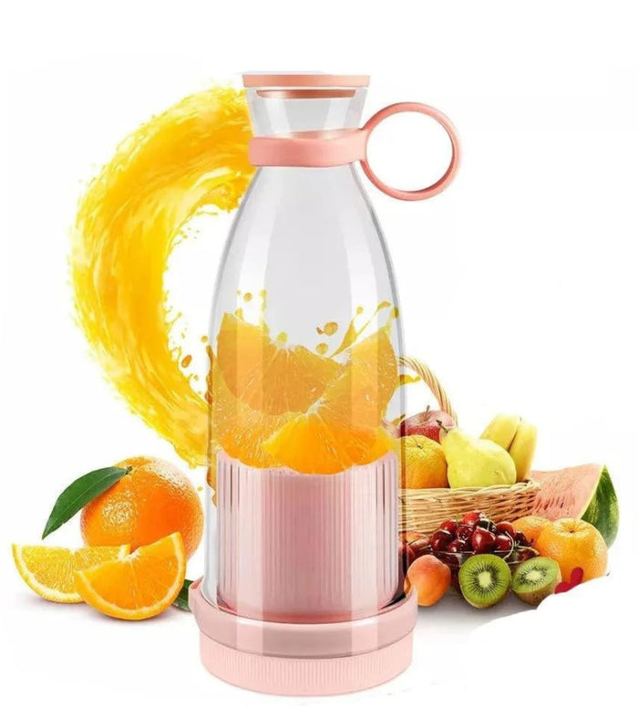Pink portable juicer blender bottle with metal top and loop handle