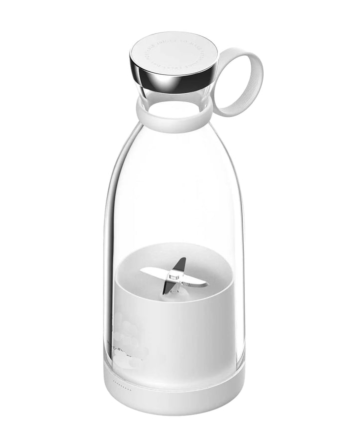 White portable juicer blender bottle with metal lid and loop handle