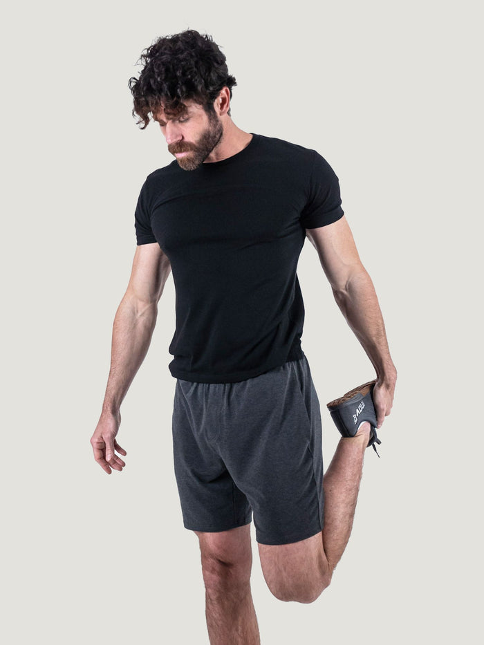 Matt is 6'1, 195LBS and wears a size M # Mixed Day Off Short 2-Pack | Charcoal Studio size Medium | Fresh Clean Threads