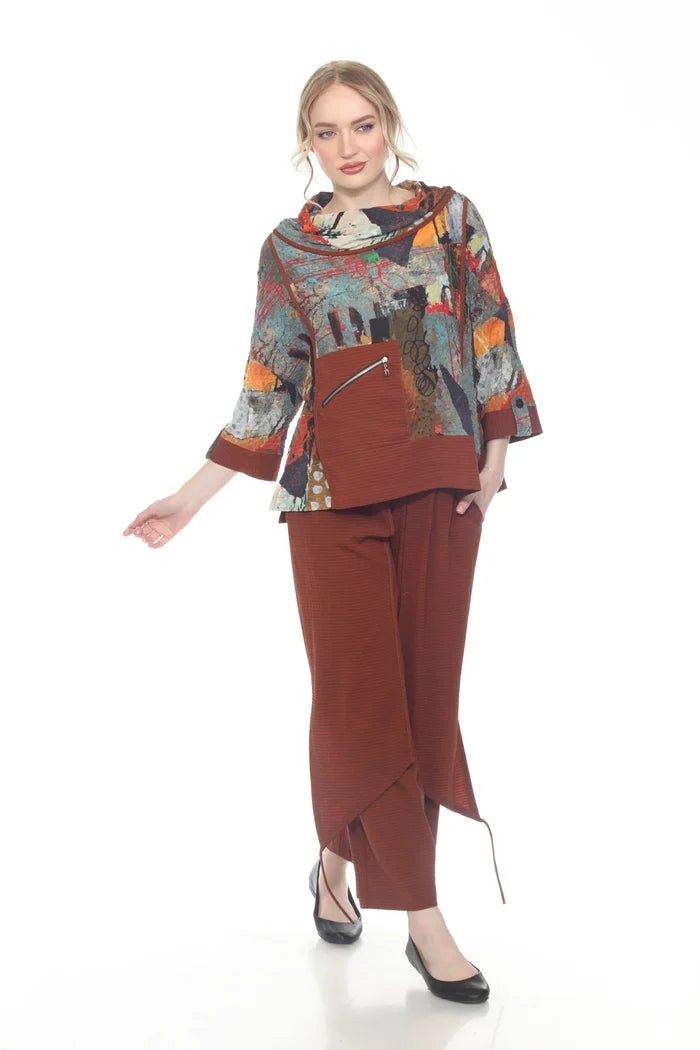 Modern-Art-Print Draped Neck Top - 4202