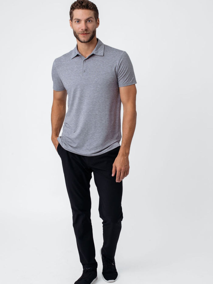 Joe is 6'2, 177LBS and wears a size L # Performance Polo Heather Grey | Motion 3-Pack | Fresh Clean Threads