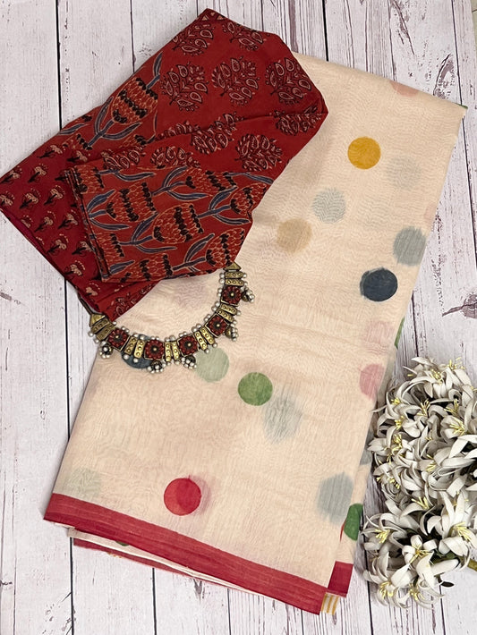 Multicoloured polka dots chanderi saree