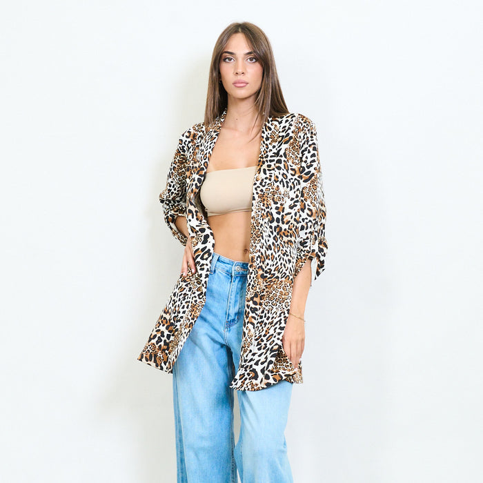 Multitone leopard print open front kimono jacket wholesale
