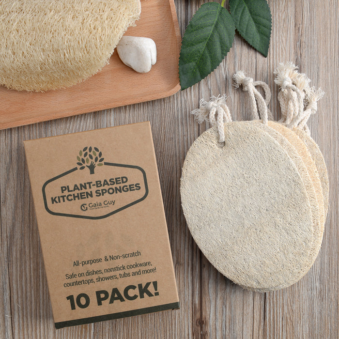 Natural Dish Sponge Value Pack, Loofah Kitchen Scrubber Scouring Pad (Plastic-Free, Nylon Free) 6 + Bonus 4 Pack! - Gaia Guy