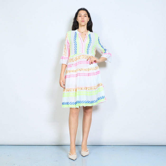 Neon geometric stripe print v-neck tiered midi dress wholesale