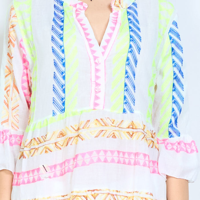 Neon geometric stripe print v-neck tiered midi dress wholesale