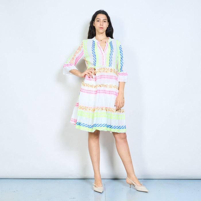 Neon geometric stripe print v-neck tiered midi dress wholesale