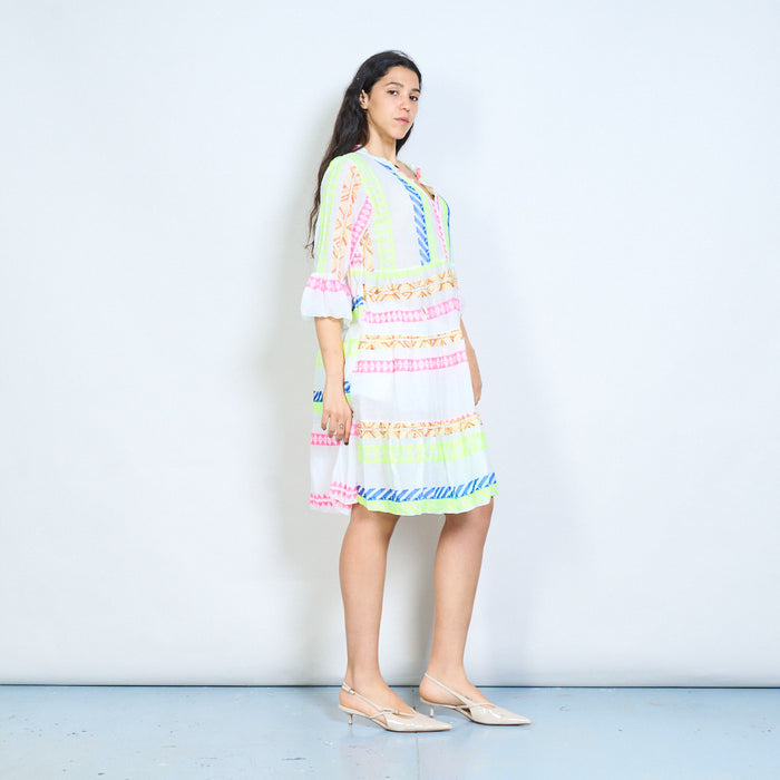 Neon geometric stripe print v-neck tiered midi dress wholesale