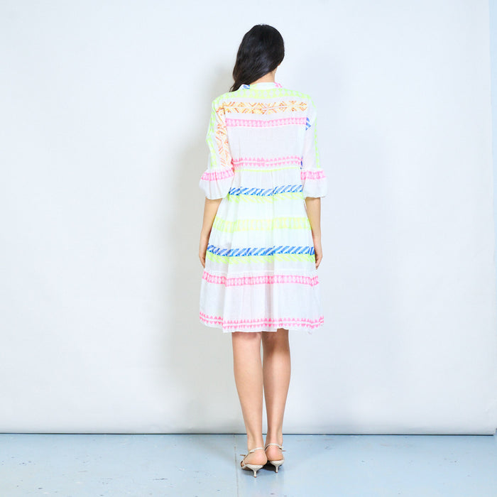 Neon geometric stripe print v-neck tiered midi dress wholesale