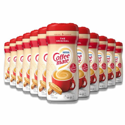 A pack of 12 Nestle Coffee Mate Original Powdered Coffee Creamer containers arranged in two rows.