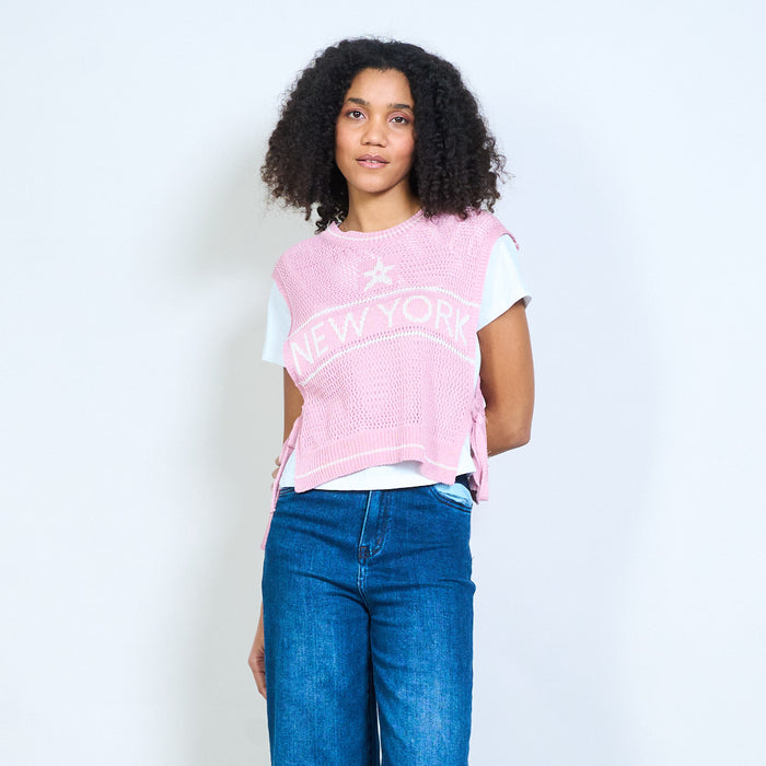 New York star knit overlay layered T-shirt top wholesale