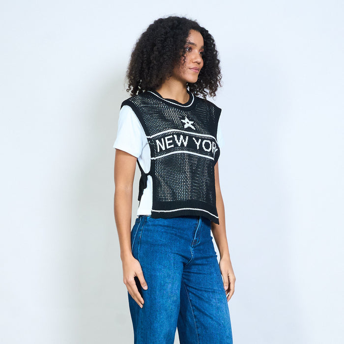 New York star knit overlay layered T-shirt top wholesale