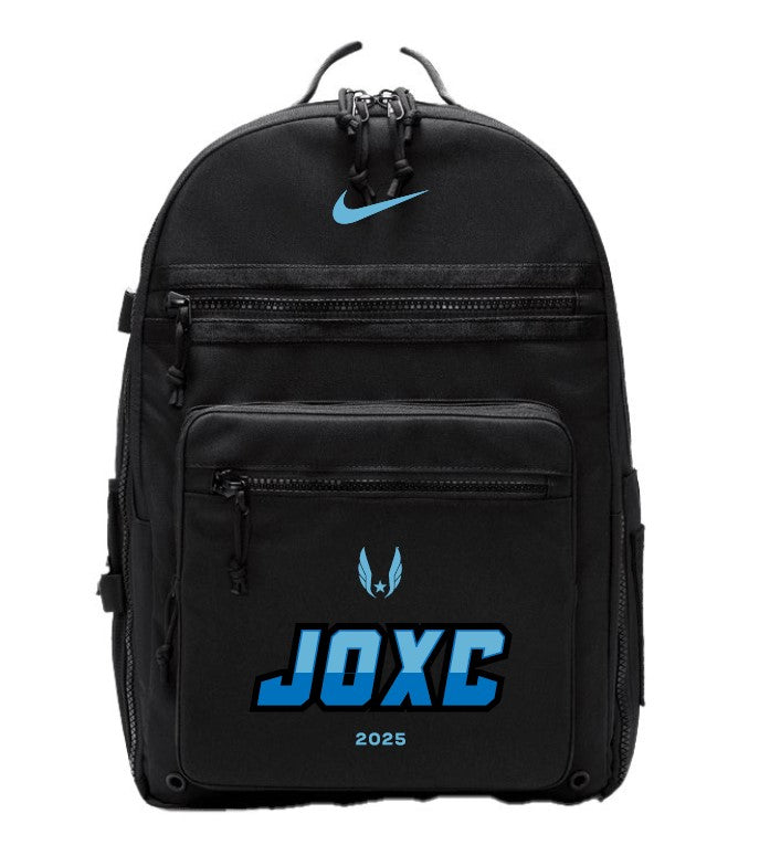 Black backpack with blue 'JOXC' and '2025' text on a white background