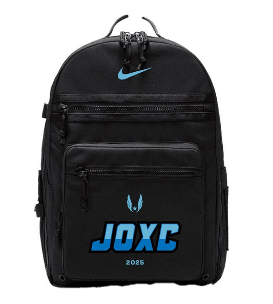 Black backpack with blue 'JOXC' and '2025' text on a white background