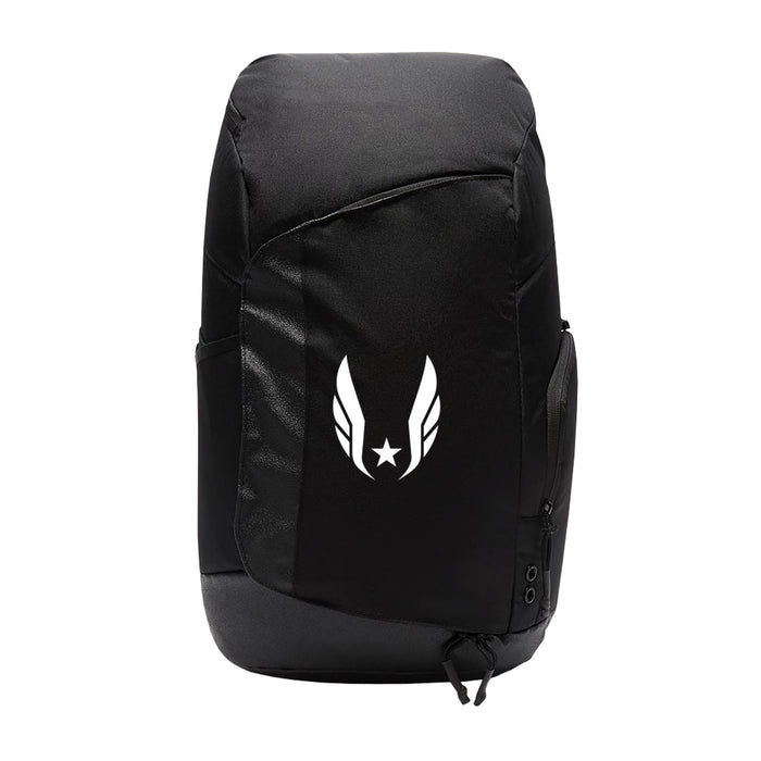 Black backpack with a white logo on a white background