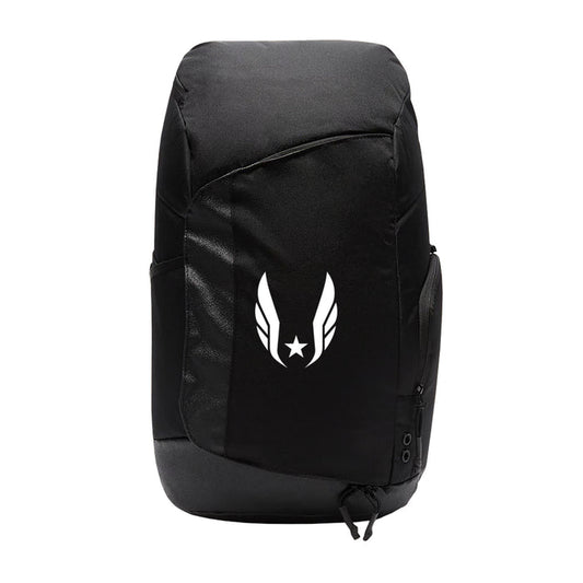 Black backpack with a white logo on a white background
