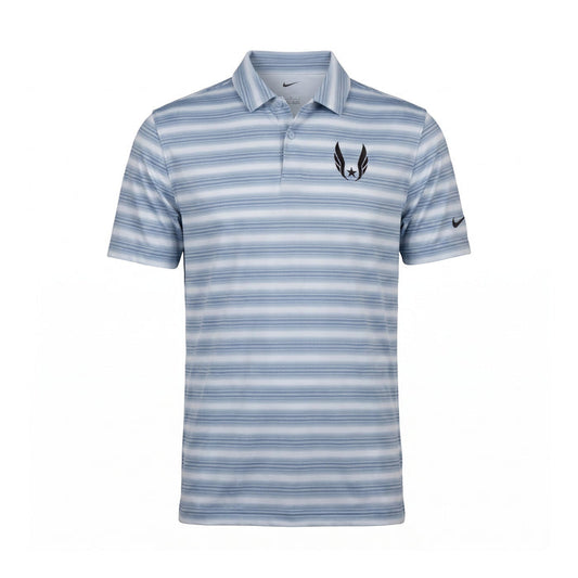 Blue and white striped Nike polo shirt with USA Track & Field wing logo on wearer's left chest on a white background