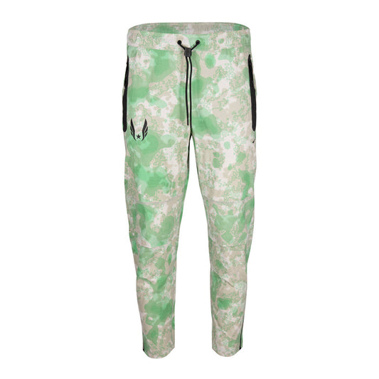 Green and white camouflage pants with a brand logo on a white background