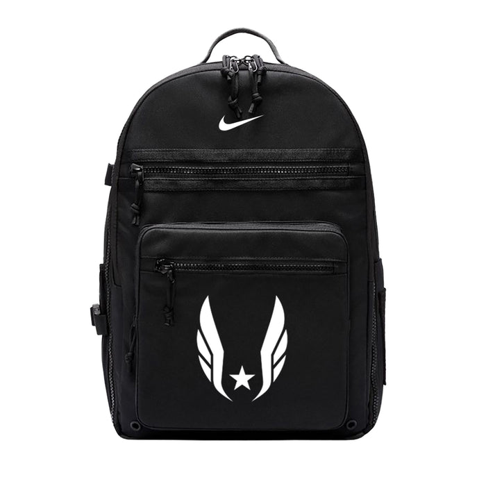 Black backpack with a logo on a white background
