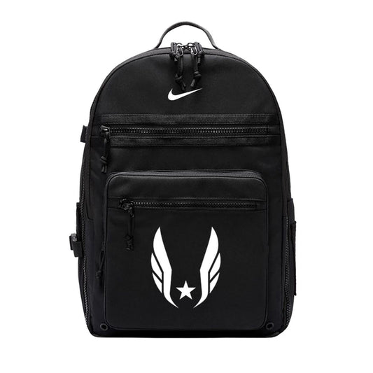 Black backpack with a logo on a white background
