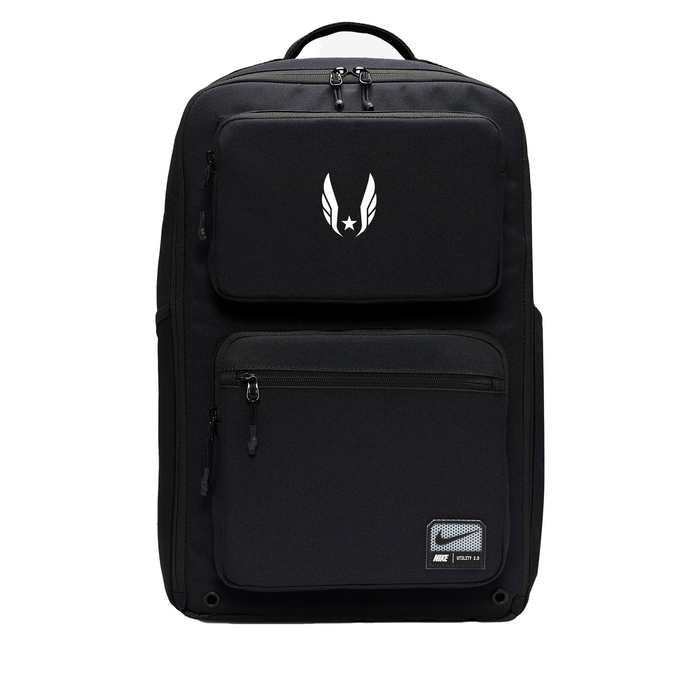 Black backpack with a logo on a white background