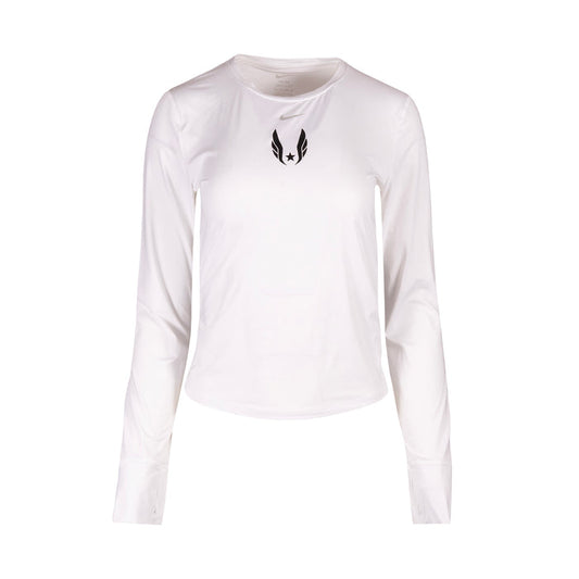 White long-sleeve shirt with black USA Track and Field Wings logo on a white background