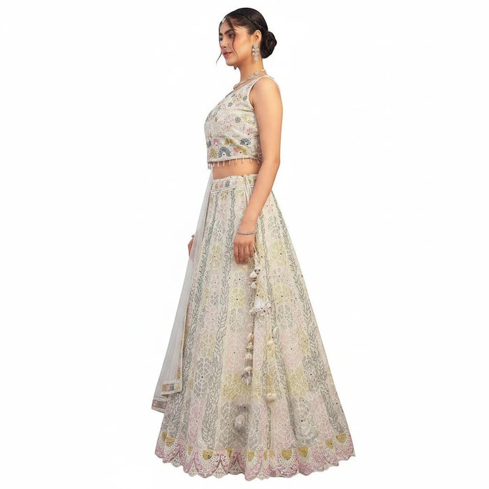 Kurti Connection USA off white lehenga choli with intricate pastel embroidery and sleeveless blouse