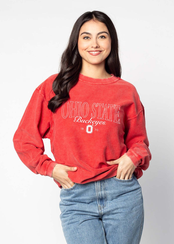 Ohio State Buckeyes Unisex Red Oversized Premium cotton corded fleece Sweatshirt with Super soft hand feel, vintage wash and ribbed crew neckline, cuffs, and hemline